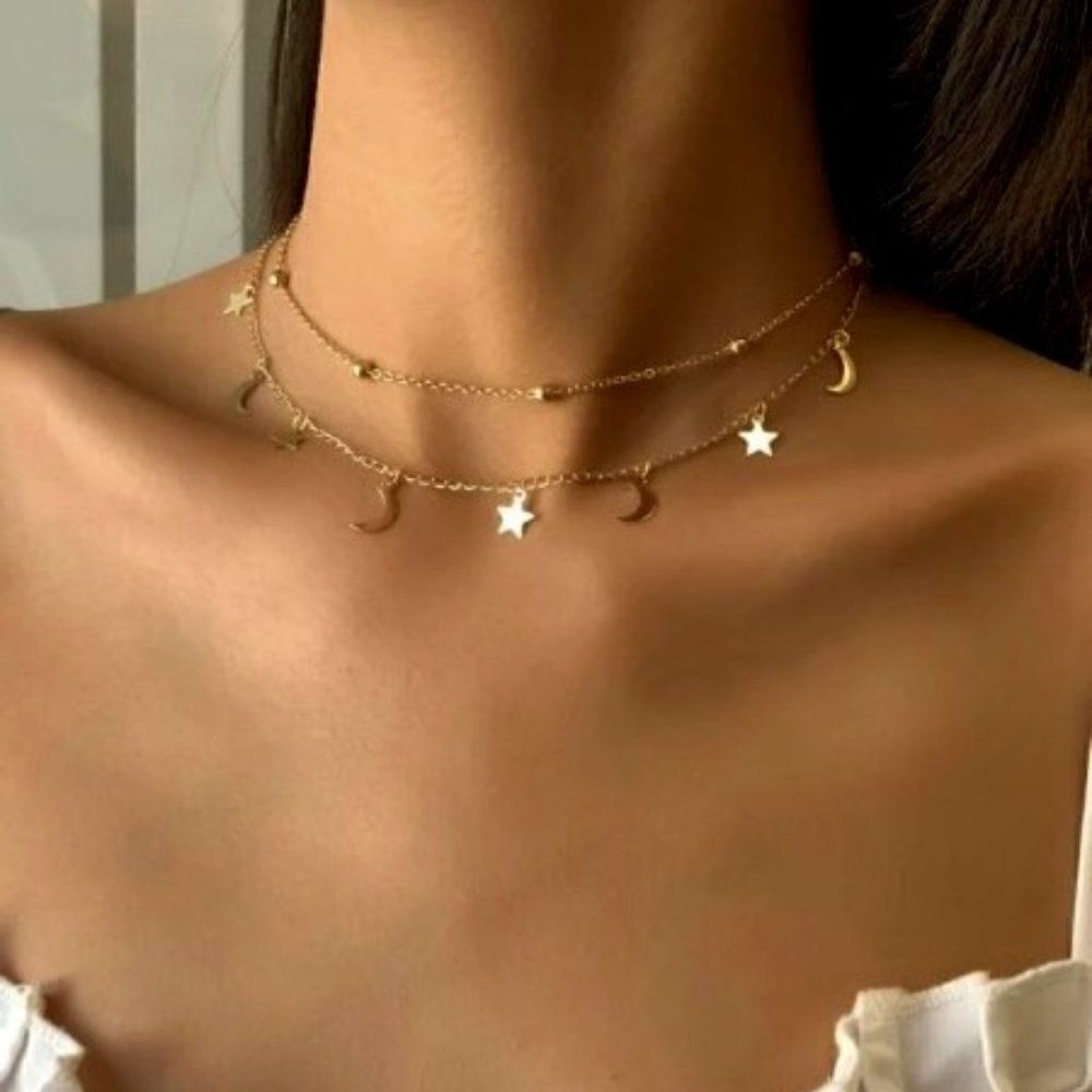 GOLD MOON AND STAR CHOKER NECKLACE